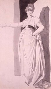 Ung kvinna med utarbetad frisyr stående med utsträckt höger arm (penna & tvätt) av Johann Heinrich Füssli
