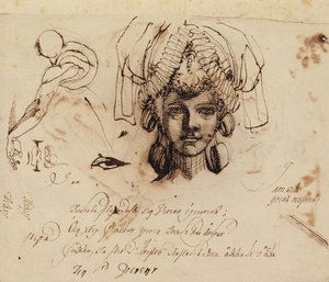 Mrs. Fuseli bär en utarbetad huvudbonad och studier av ett öga, mun och bål (penna och bläck) av Johann Heinrich Füssli