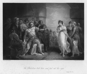 Simson och Delila, domare XVI, 21 (gravyr)