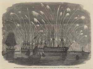 Fredsfirandet i Plymouth, raketer och allmän belysning av flottan i Öresund av Henry A. Luscombe