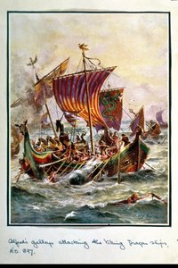 Alfreds galärer attackerar vikingadragens skepp, 897 AD, illustration från 