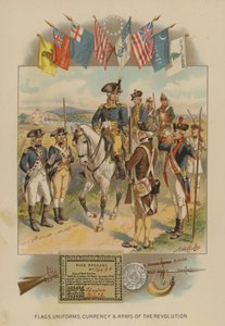 Flaggor, uniformer, valuta och vapen från den amerikanska revolutionen (chromolitho)