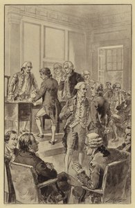 Undertecknande av självständighetsförklaringen, 4 juli 1776 (litho) av Henry Alexander (after) Ogden