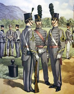 West Point Military Academy kadettuniformer från 1902-07 (litho i färg)