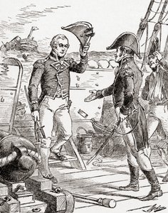Kapten Dacres från HMS Guerriere kapitulerar och erbjuder sitt svärd till kapten Hull ombord på USS Constitution efter hans nederlag under kriget 1812, från The History of Our Country, publicerad 19 av Henry Alexander Ogden