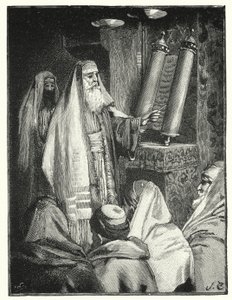 En rabbin läser lagens bokrulle (litho)