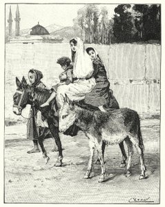 Flera personer som rider på en åsna (litho)