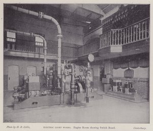 Maskinrum som visar växel, Electric Light Works, Canterbury, Kent (s/v foto) av Henry Beauchamp Collis