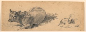 Studie av en ung tjur som ligger på en äng av Henry Bernard Chalon
