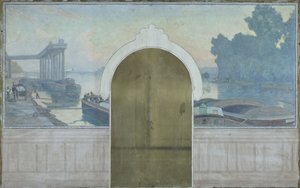 Skiss för vigselrummet i rådhuset i Asnières: Landskap. Pråmar på Seine med bron i Asnières, ca 1900 (olja på duk) av Henry Bouvet