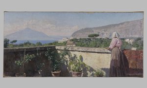 Kvinna på terrassen till Cocumella Hotel. Utsikt över Vesuvius