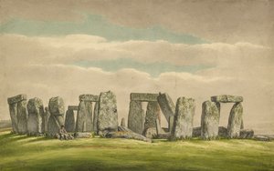 Stonehenge från N.W., visar ruiner med man och hund, 1824-1839 av Henry Browne