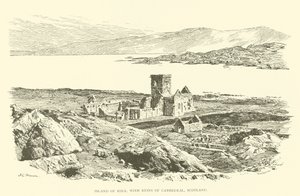 Ön Iona, med ruinerna av katedralen, Skottland (gravyr)