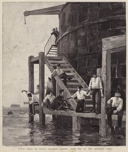 Brittiska soldater som fiskar från ett av forten i Spithead, Hampshire (litho) av Henry Charles Seppings Wright