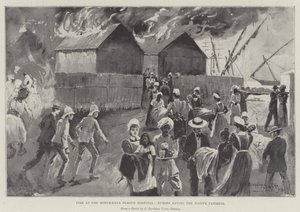 Brand på Modykhana Plague Hospital, sjuksköterskor som räddar de infödda patienterna av Henry Charles Seppings Wright
