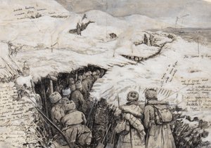 Galicien, ryska trupper i snöklädda kullar, 13 mars 1916 (bläck & gouache på papper) av Henry Charles Seppings Wright