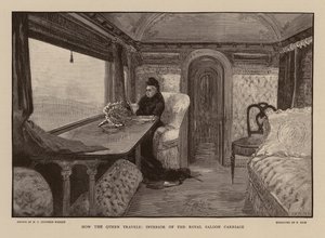 Drottning Victoria i järnvägsvagnen Royal Saloon (gravyr) av Henry Charles Seppings Wright