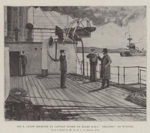 Sir E Satow tog emot av kapten Burke ombord på HMS Orlando i Wusung av Henry Charles Seppings Wright