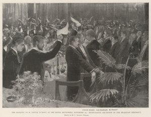 Bankett för Santos Dumont på Hotel Metropole den 25 november, entusiastiskt mottagande av den brasilianske flygplansmannen av Henry Charles Seppings Wright