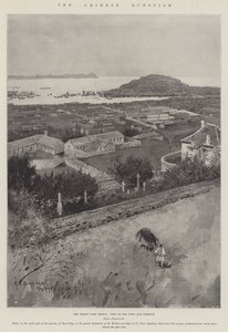 Den kinesiska frågan, fördraget Port Chefoo, vy över staden och hamnen av Henry Charles Seppings Wright