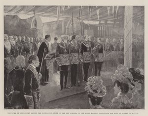 Hertigen av Connaught lägger grundstenen för de nya skolorna vid Royal Masonic Institution for Boys i Bushey den 12 maj av Henry Charles Seppings Wright