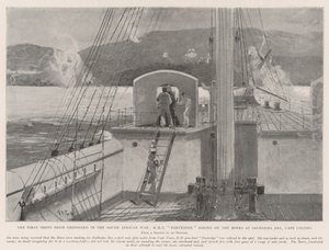 De första skotten från ett fartyg i det sydafrikanska kriget, HMS Partridge skjuter mot boerna vid Saldanha Bay, Kapkolonien. av Henry Charles Seppings Wright