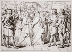 Alftruda känner igen Hereward, illustration från Hereward the Great av Charles Kingsley, utgiven av Charles Kingsley. 1870, graverad av C.G. Lewis (stålplåtsgravyr) av Henry Courtney Selous