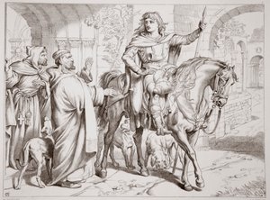 Hereward informerar sin farbror Prior om att han är på väg att bli förbjuden, illustration från Hereward the Great av Charles Kingsley, pub. 1870, graverad av C.G. Lewis (gravyr av stålplåt) av Henry Courtney Selous