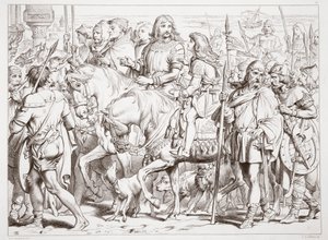 Hur Hereward går in i den invigda fästningen St. Bertin, illustration från Hereward den store av Charles Kingsley, pub. 1870, graverad av C.G. Lewis (gravyr av stålplåt) av Henry Courtney Selous