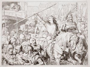 How Hereward vände Berserker, illustration från Hereward the Great av Charles Kingsley, pub. 1870, graverad av C.G. Lewis (gravyr av stålplåt) av Henry Courtney Selous