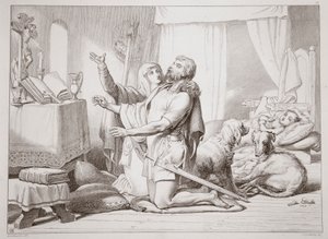Hur Torfrida lär Hereward att be, illustration från Hereward the Great av Charles Kingsley, pub. 1870, graverad av C.G. Lewis (stålplåtsgravyr). av Henry Courtney Selous