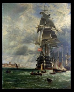 H.M.S. St. Vincent vid hennes förtöjningsplatser utanför ingången till Haslar Creek, Portsmouth, 1868 av Henry Dawson