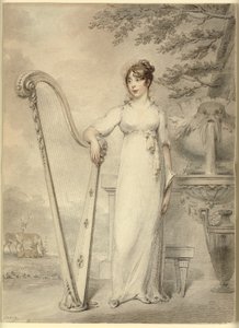 Hellängdsporträtt av "Miss V. Dupuis" vilande sin arm på en harpa. I bakgrunden en fontän och ett landskap med rådjur