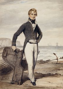 Porträtt av Edward Pocock R.N., liten hellängd, stående bredvid en strandad roddbåt vid lågvatten,