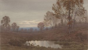 Solnedgångslandskap med damm av Henry Farrer