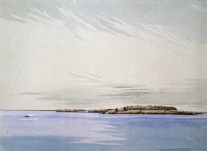 Old Mackinaw, med det franska fortet, 1842 (wc på papper)
