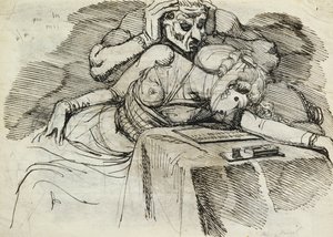 En kvinna som svimmar vid ett skrivbord, med en hotfull figur bakom av Johann Heinrich Füssli