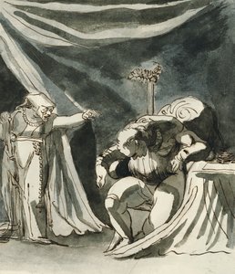 En gammal kvinna som bär en radband som förbannar en sittande man; Möjligen drottning Margaret som förbannar hertigen av Gloucester, av Johann Heinrich Füssli