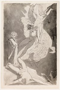 Dante svimmar inför Paolos och Francescas svävande själar, Virgil vid hans sida av Johann Heinrich Füssli