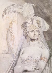 Halvfigur av en kurtisan med fjädrar, en rosett och en slöja i håret, 1800-10 (penna, wc och bläck på papper) av Johann Heinrich Füssli