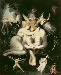 Titania vaknar, omgiven av älvor, häpnadsväckande klamrar sig fast vid botten, fortfarande bär rövhuvudet, 1793-4 av Johann Heinrich Füssli
