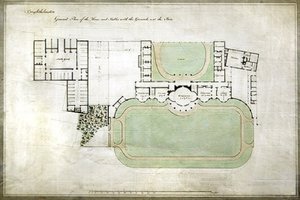 Brighthelmstone, eller Brighton Pavilion - allmän plan över hus och stall med tomt, som visar utbyggnad av arkitekten Henry Holland (1745-1806), ca 1801 (akvarell på papper) av Henry Holland