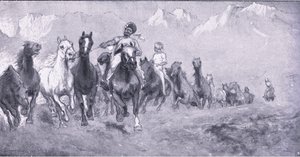 Indiska coolies tar remounts till Stellens bosch, från After Pretoria: The Guerilla War publicerad av Harmsworth Bros Limited, 1901 av Henry Inglis Jodrel Sheldon Williams