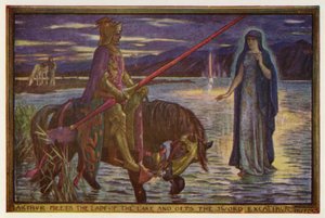 Arthur möter Lady of the Lake och får svärdet Excalibur (färg litho)