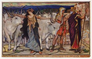 Bias för oxarna från Iphiclus till Neleus (färg litho) av Henry Justice Ford