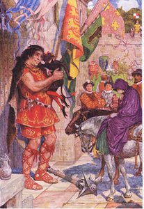Flibbertigibbet klädd som en djävul lugnar jätten när Wayland tar med Amy till Kenilworth Castle, illustration från Kenilworth, ca 1910 av Henry Justice Ford