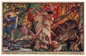 Hur Atalanta och Meleager dödade vildsvinet från Caledon (färg litho) av Henry Justice Ford