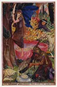 Hur en pojke blir ett lamm: häxan får ner Pulga från trädet (färg litho) av Henry Justice Ford