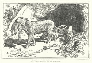Hur lejoninnan räddade Malchus (litho) av Henry Justice Ford