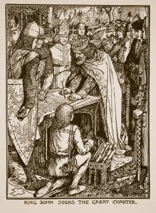 Kung John sjunger den stora stadgan, illustration från "A History of England" av C.R.L. Fletcher och Rudyard Kipling, 1911. av Henry Justice Ford